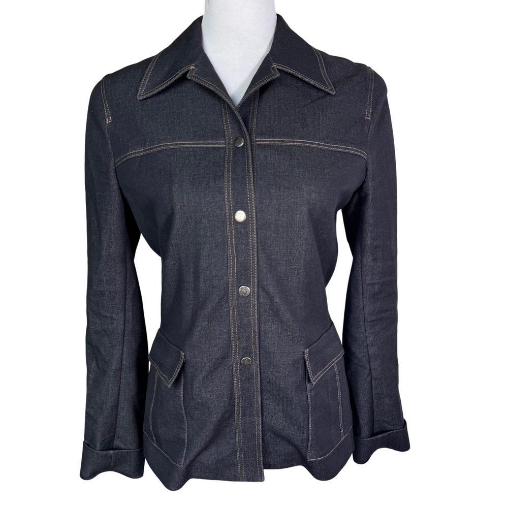 ELIE TAHARI Women 6 Dark Wash Blue Denim Jacket Contrast Stitch Tailored Pockets